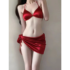 Satin Halter Bikini Set – Korean 3PCS Swimsuit with Skirt - Bottoms - Sleeveless - Swimwear - 7