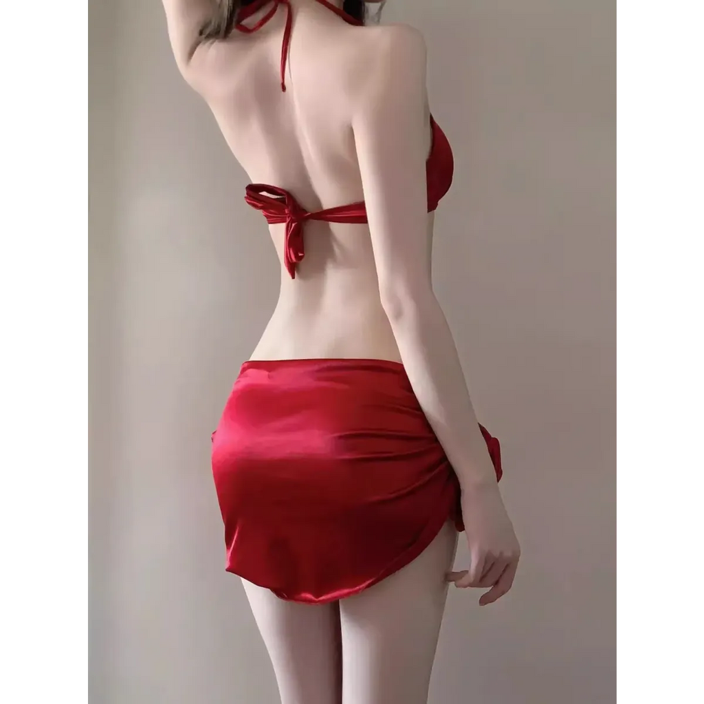 Satin Halter Bikini Set – Korean 3PCS Swimsuit with Skirt - Bottoms - Sleeveless - Swimwear - 2