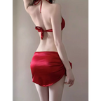 Satin Halter Bikini Set – Korean 3PCS Swimsuit with Skirt - Bottoms - Sleeveless - Swimwear - 2