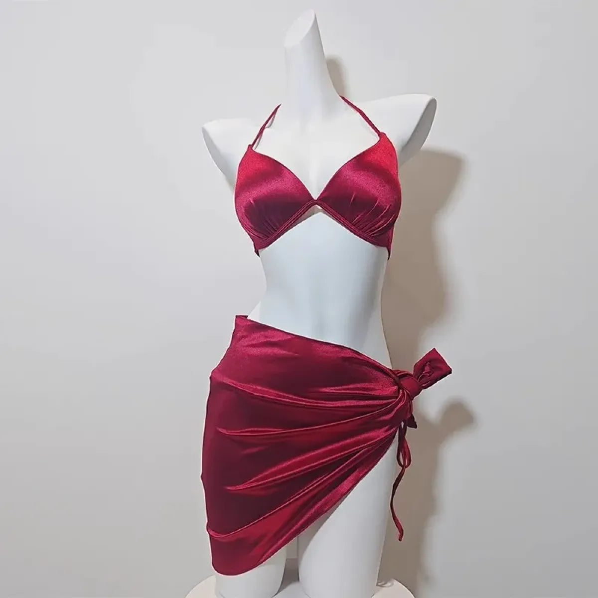 Satin Halter Bikini Set – Korean 3PCS Swimsuit with Skirt - Bottoms - Sleeveless - Swimwear - 4