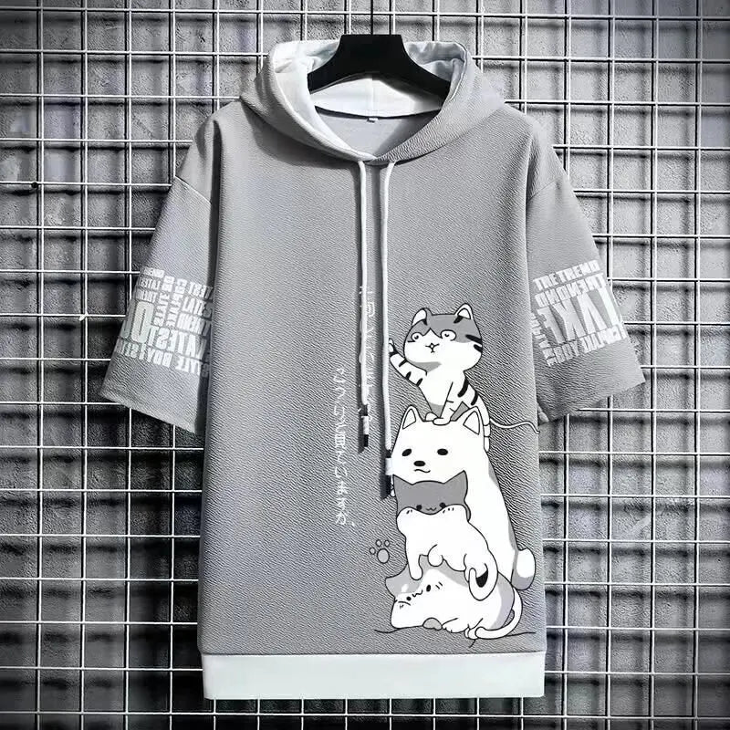 Men’s Summer Cartoon Hoodie - Harajuku Short Sleeve - Gray / S - Hoodies & Sweatshirts - Shirts & Tops - 9 - 2024