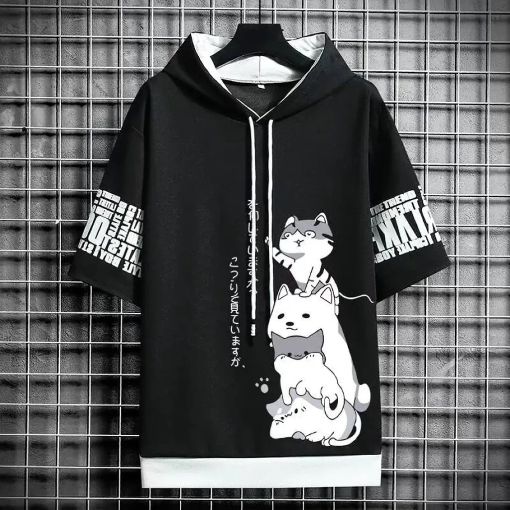 Men’s Summer Cartoon Hoodie - Harajuku Short Sleeve - Hoodies & Sweatshirts - 1