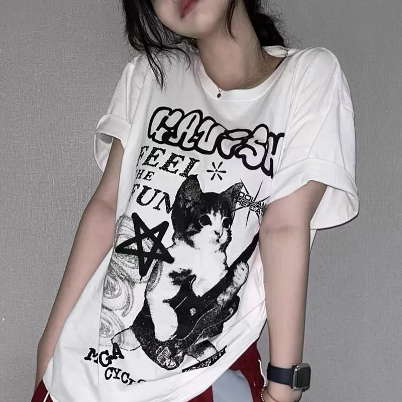 Cat Rock Guitar Graphic T-Shirt - Oversized Y2K Streetwear Style - T-Shirts - T-Shirts - 2024 - 1 - Worldwide Shipping