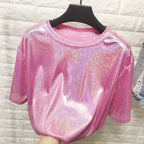 Summer Retro Bright Silk Loose Short Sleeve Top - T-Shirts - 1