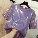 Summer Retro Bright Silk Loose Short Sleeve Top - T-Shirts - 8