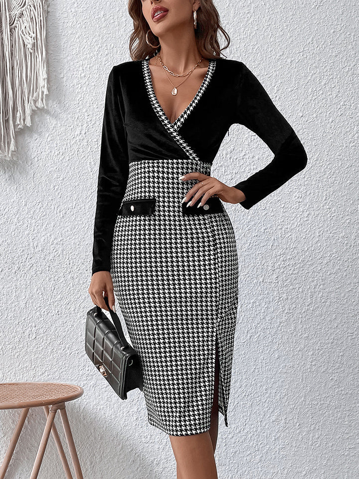 Surplice Neck Houndstooth Dress - Light Gray / S - All Dresses - Dresses - 1 - 2024