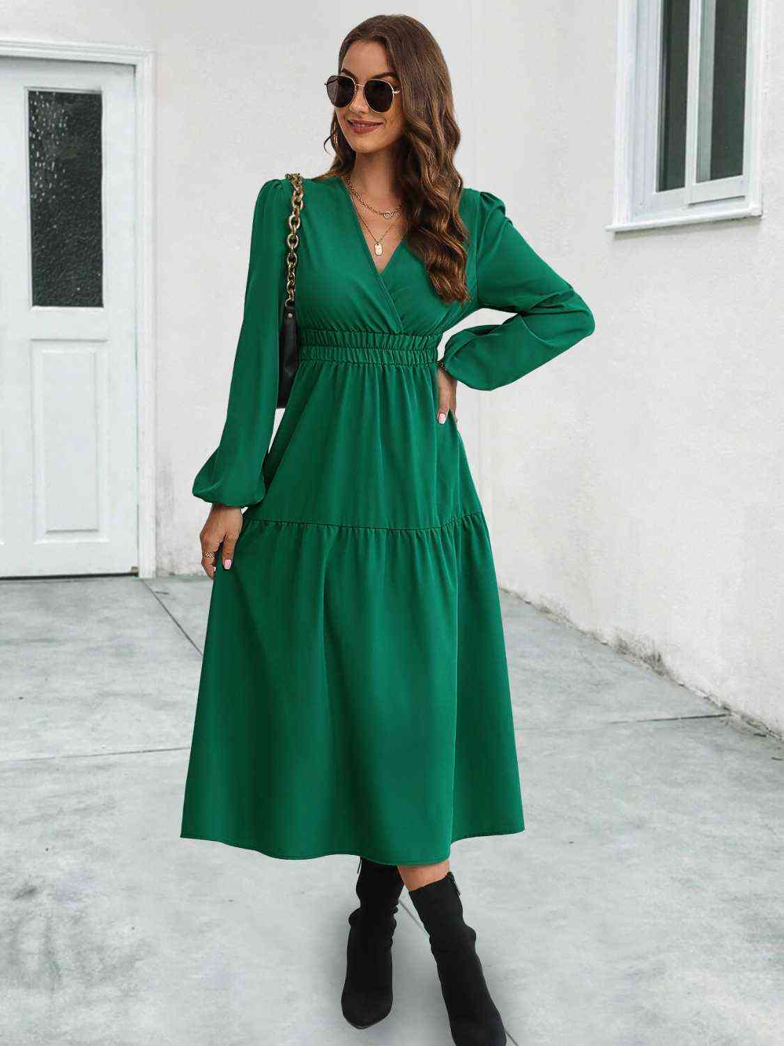 Surplice Neck Long Sleeve Midi Dress - All Dresses - Dresses - 4 - 2024