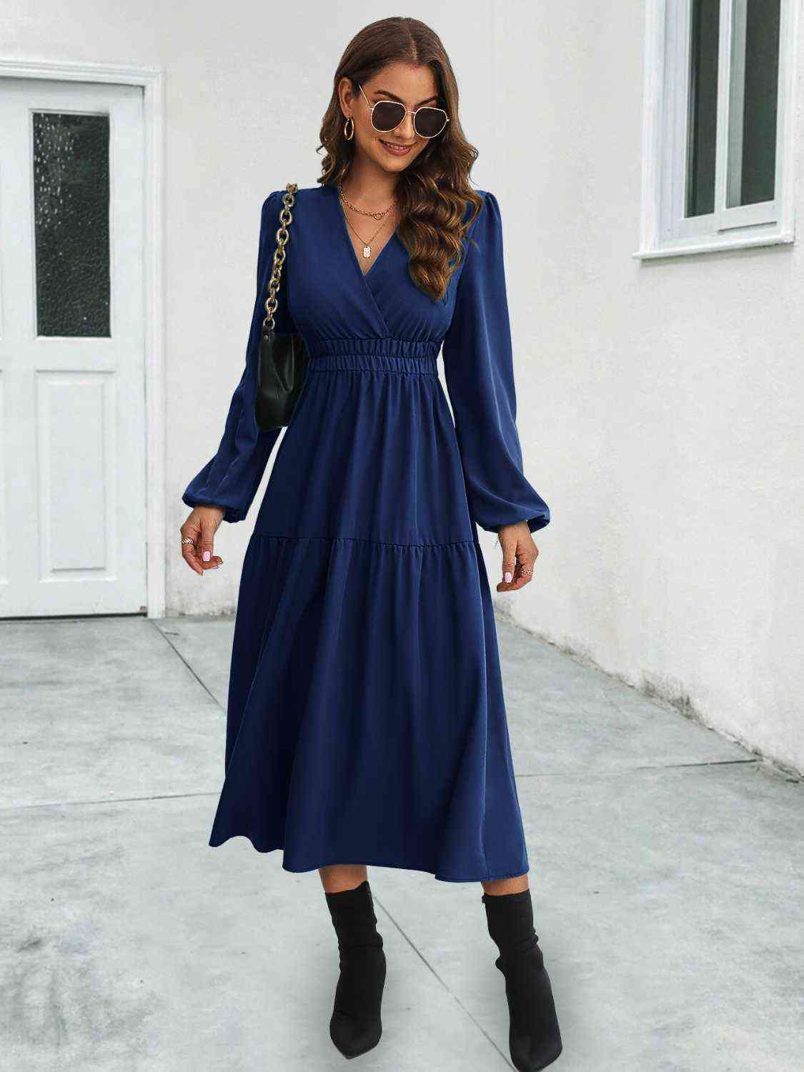 Surplice Neck Long Sleeve Midi Dress - Navy / S - All Dresses - Dresses - 5 - 2024