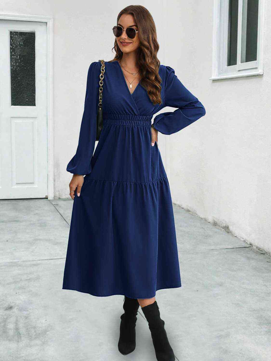 Surplice Neck Long Sleeve Midi Dress - All Dresses - Dresses - 8 - 2024