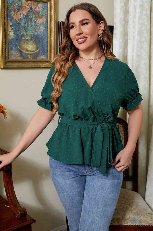 Plus Size Surplice Neck Tie Waist Blouse - Green / 1XL - Women’s Clothing & Accessories - Shirts & Tops - 1 - 2024