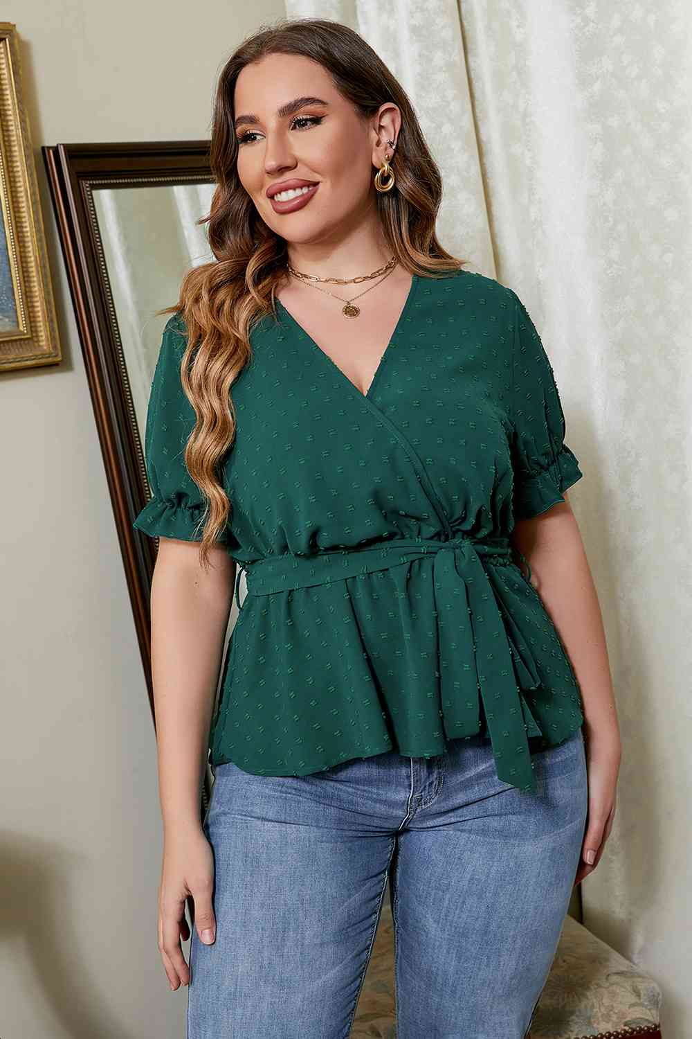 Plus Size Surplice Neck Tie Waist Blouse - Women’s Clothing & Accessories - Shirts & Tops - 3 - 2024