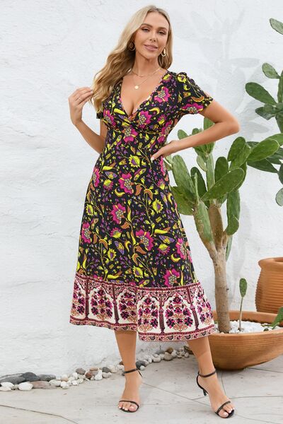 Printed Surplice Short Sleeve Dress - Black / S - All Dresses - Dresses - 1 - 2024