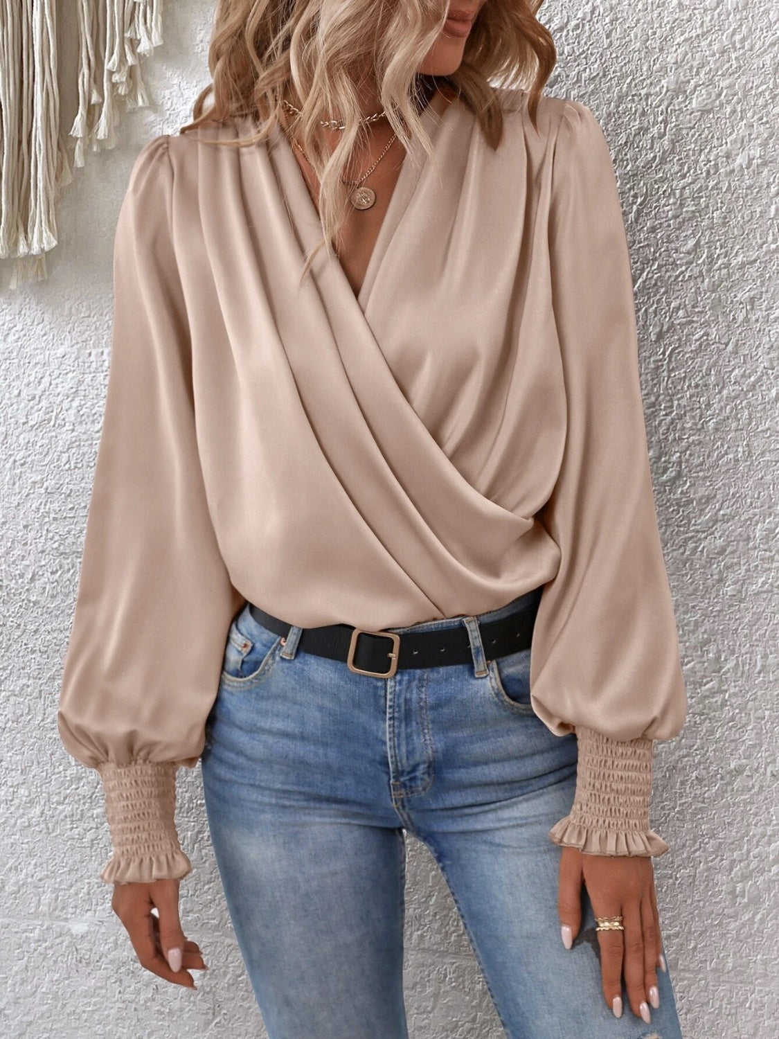 Surplice Smocked Lantern Sleeve Blouse - Tan / S - Women’s Clothing & Accessories - Shirts & Tops - 1 - 2024