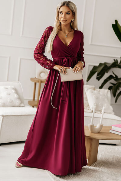 Lace Detail Surplice Tie-Waist Maxi Dress - Wine / S - All Dresses - Dresses - 1 - 2024