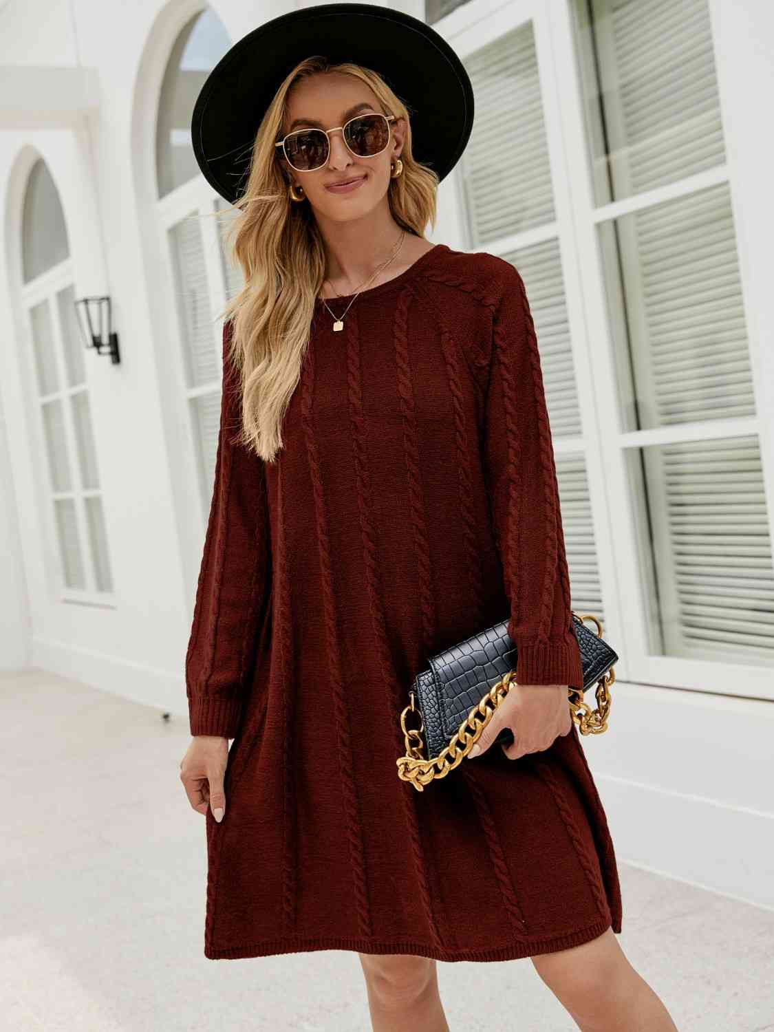 Cable-Knit Long Sleeve Sweater Dress - Dark Red / S - All Dresses - Dresses - 7 - 2024