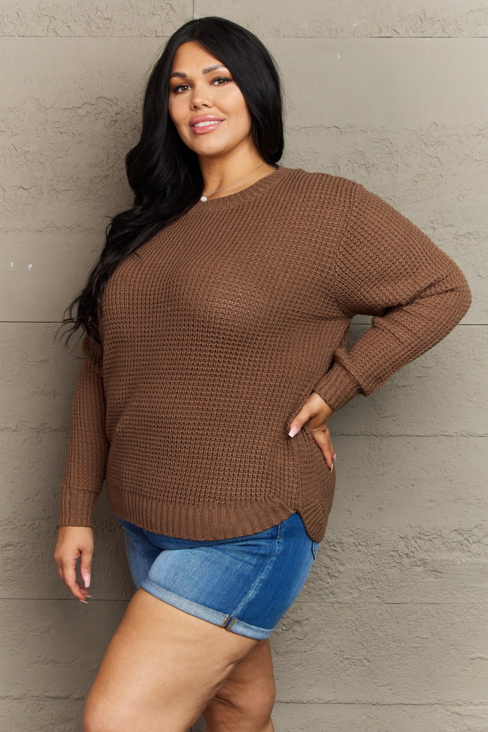 Breezy Days Plus Size High Low Waffle Knit Sweater - Sweaters - Shirts & Tops - 3 - 2024