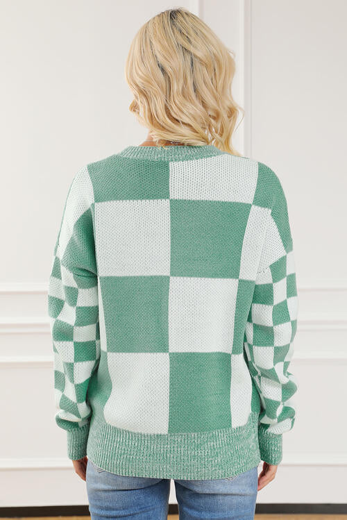 Checkered Drop Shoulder Long Sleeve Sweater - Sweaters - Shirts & Tops - 2 - 2024
