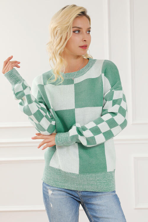 Checkered Drop Shoulder Long Sleeve Sweater - Sweaters - Shirts & Tops - 3 - 2024