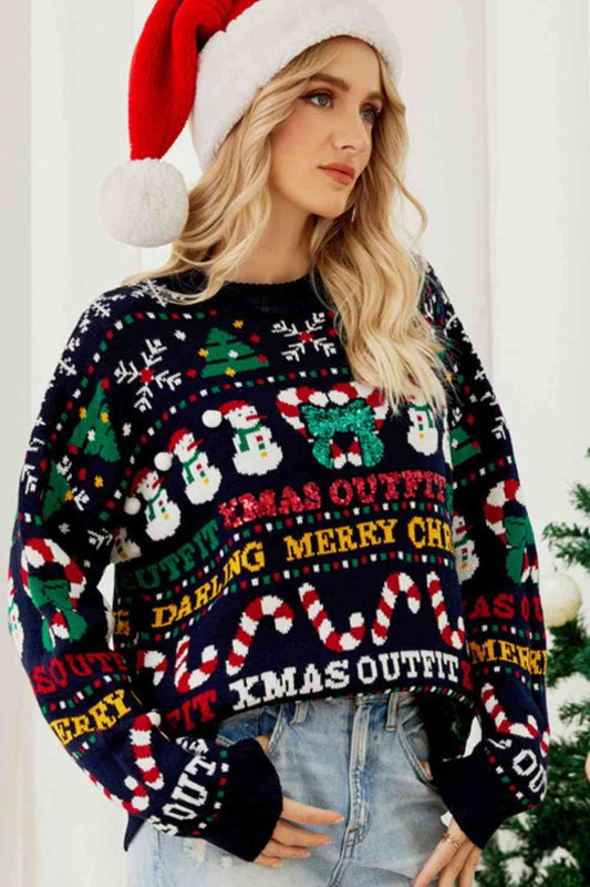 Christmas Print Crewneck Dropped Shoulder Sweater - Sweaters - Shirts & Tops - 2 - 2024