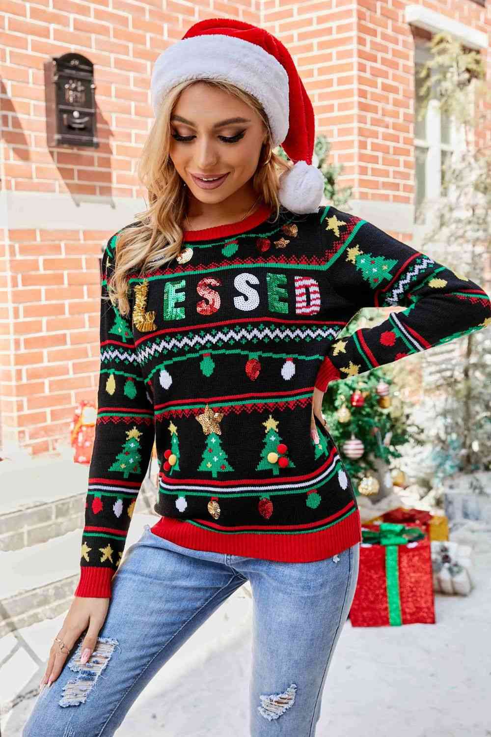 Christmas Print Sequin Round Neck Sweater - Sweaters - Shirts & Tops - 3 - 2024