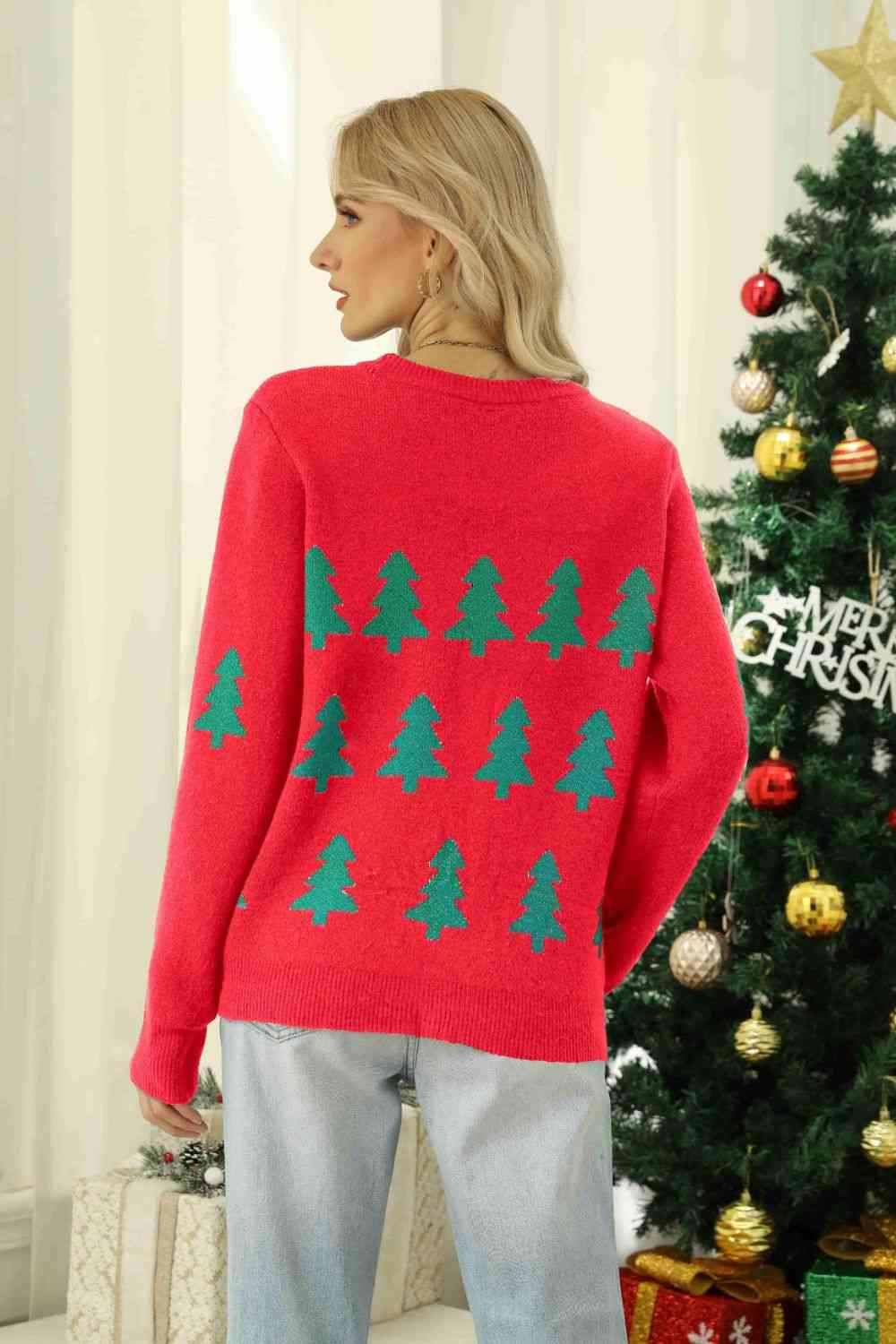 Christmas Tree Round Neck Ribbed Trim Sweater - Sweaters - Shirts & Tops - 5 - 2024
