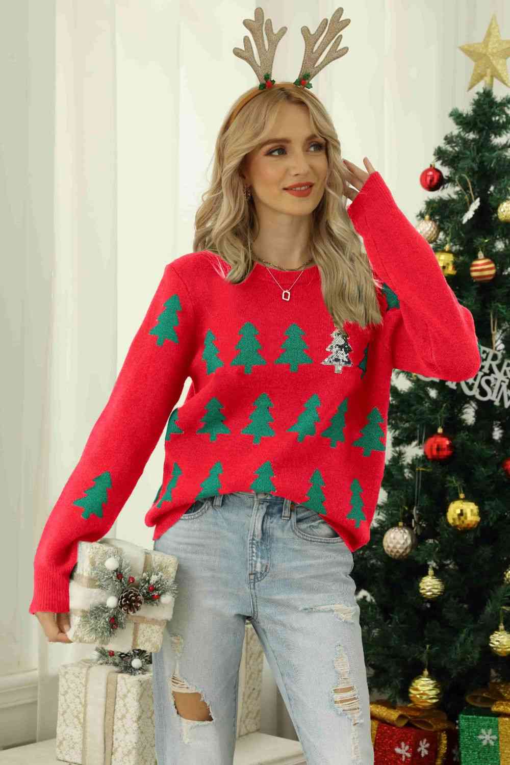 Christmas Tree Round Neck Ribbed Trim Sweater - Red / S - Sweaters - Shirts & Tops - 4 - 2024