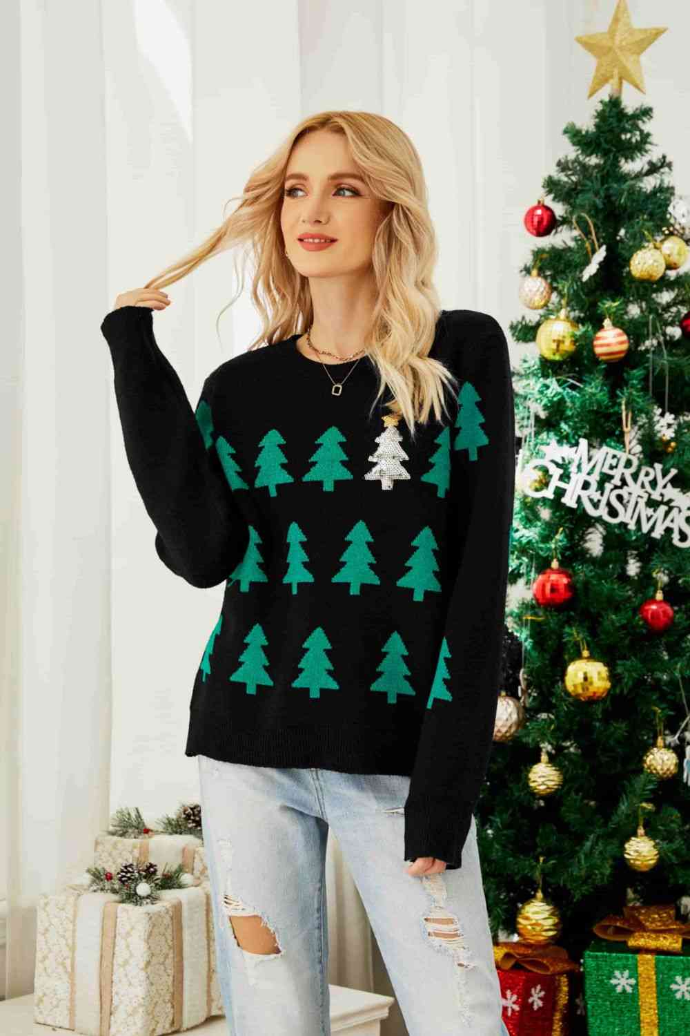Christmas Tree Round Neck Ribbed Trim Sweater - Black / S - Sweaters - Shirts & Tops - 1 - 2024