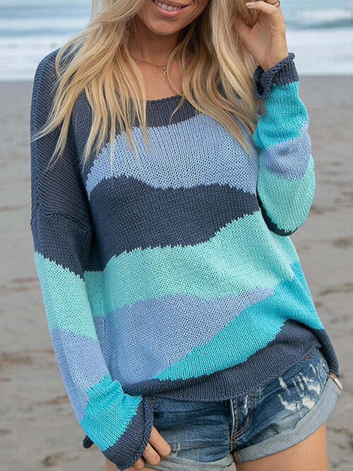 Color Block Round Neck Drop Shoulder Sweater - Blue / S - Sweaters - Shirts & Tops - 1 - 2024
