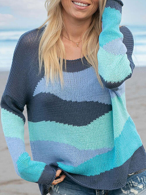 Color Block Round Neck Drop Shoulder Sweater - Sweaters - Shirts & Tops - 2 - 2024