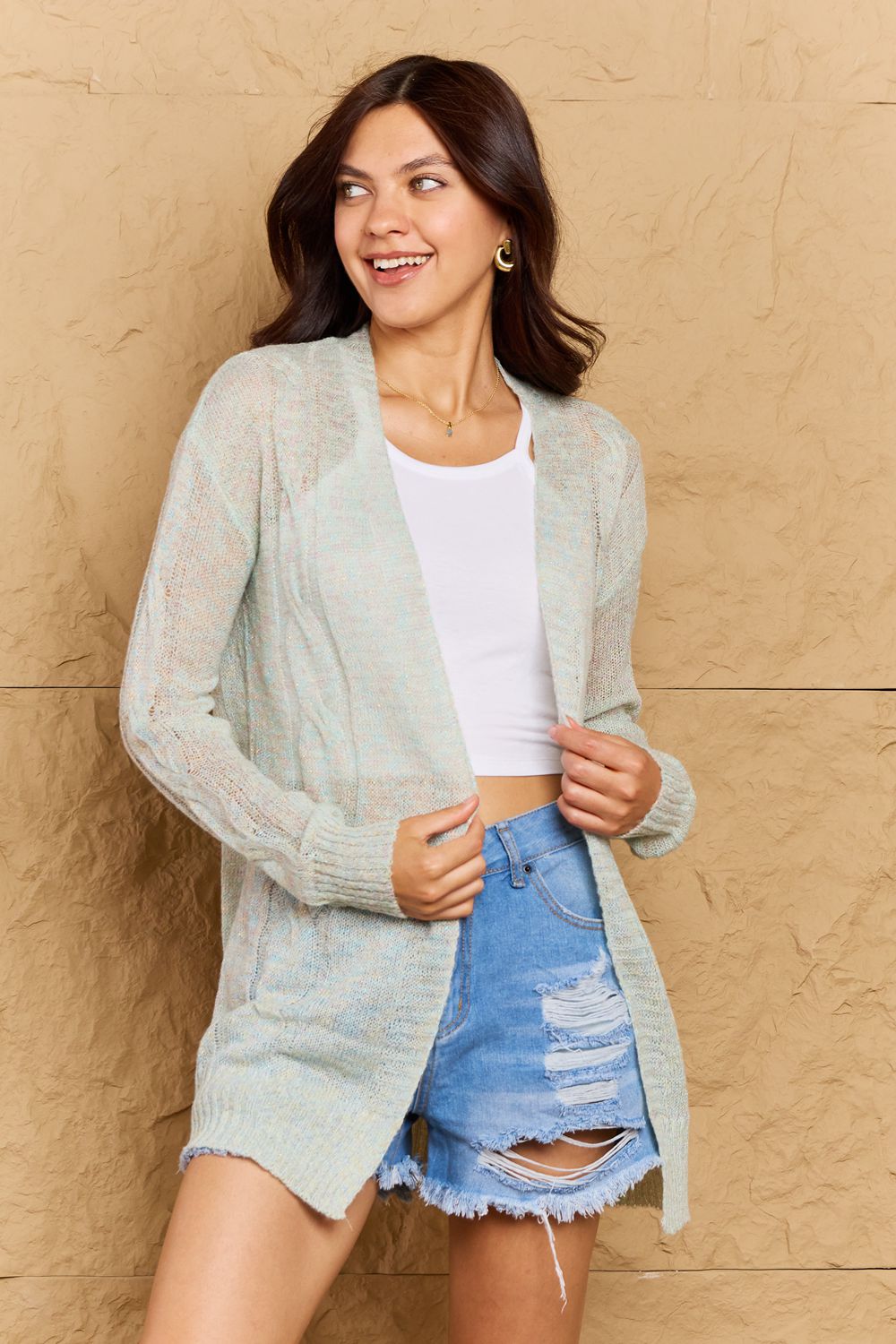 Cozy Era Cable Sweater Cardigan in Light Green - Sweaters - Shirts & Tops - 3 - 2024
