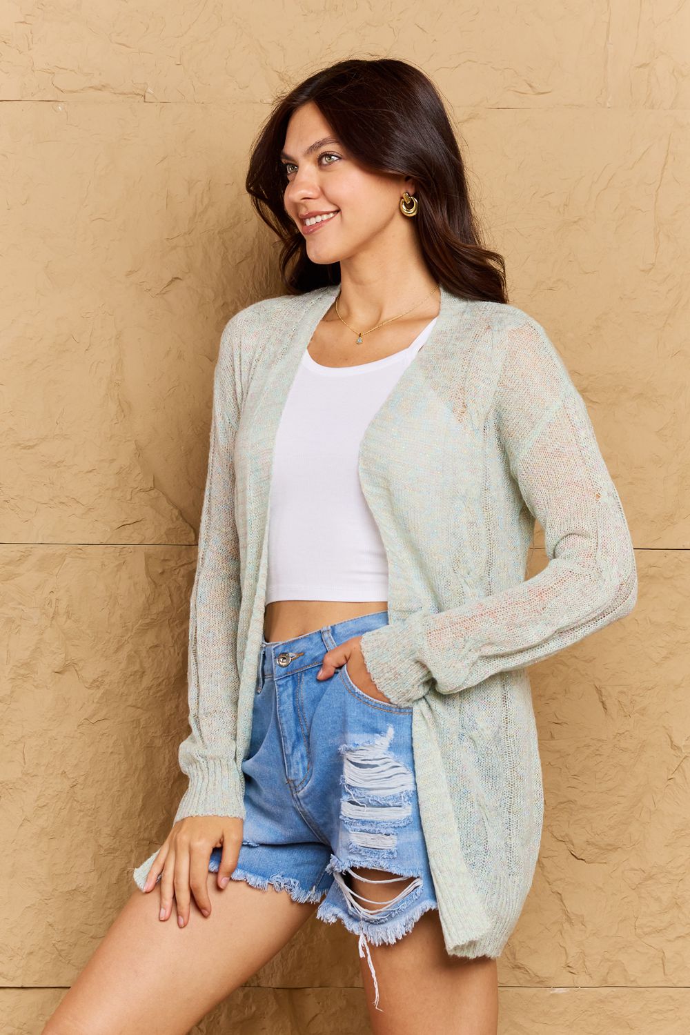 Cozy Era Cable Sweater Cardigan in Light Green - Sweaters - Shirts & Tops - 4 - 2024