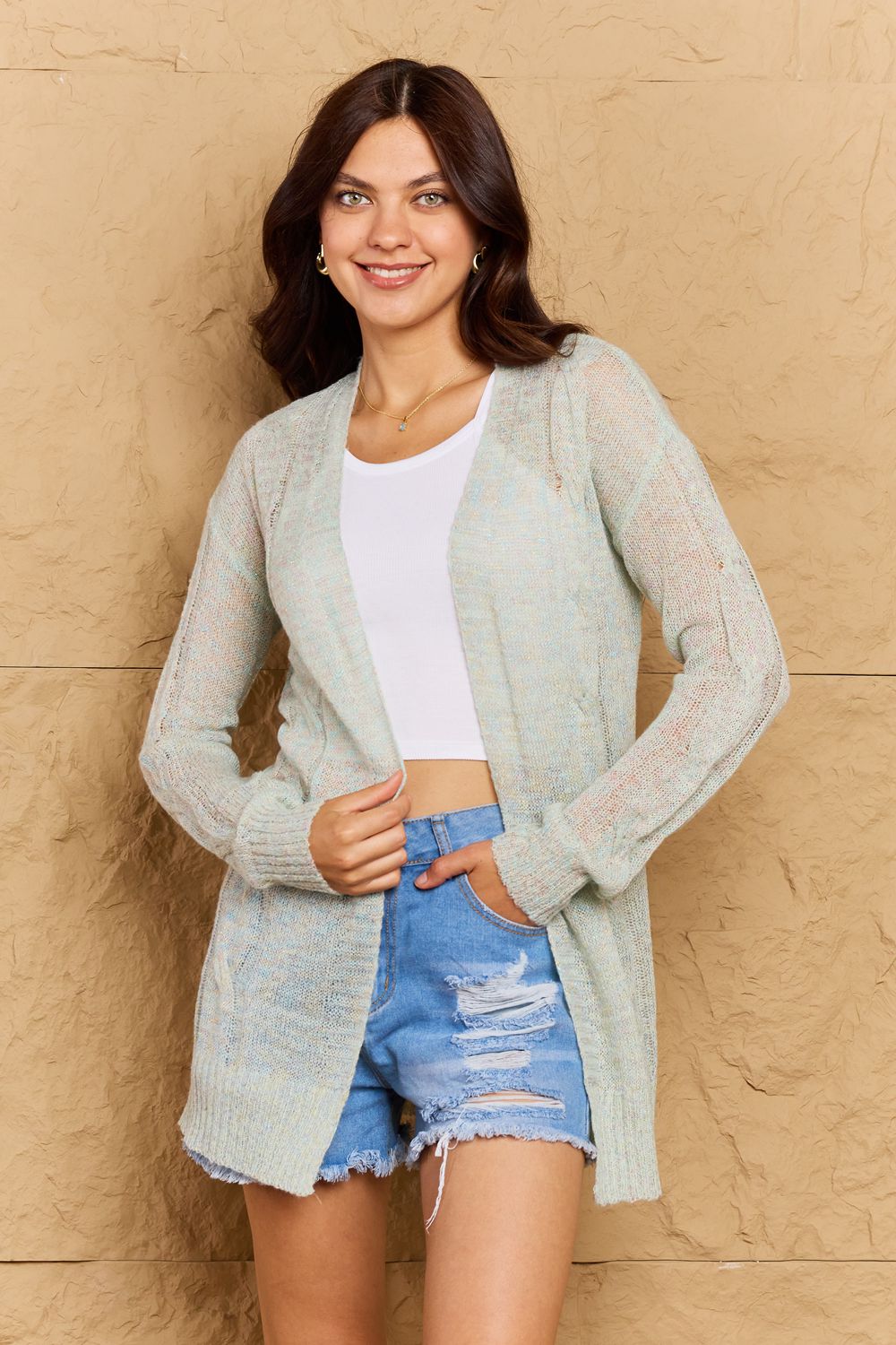 Cozy Era Cable Sweater Cardigan in Light Green - Light Green / S - Sweaters - Shirts & Tops - 1 - 2024