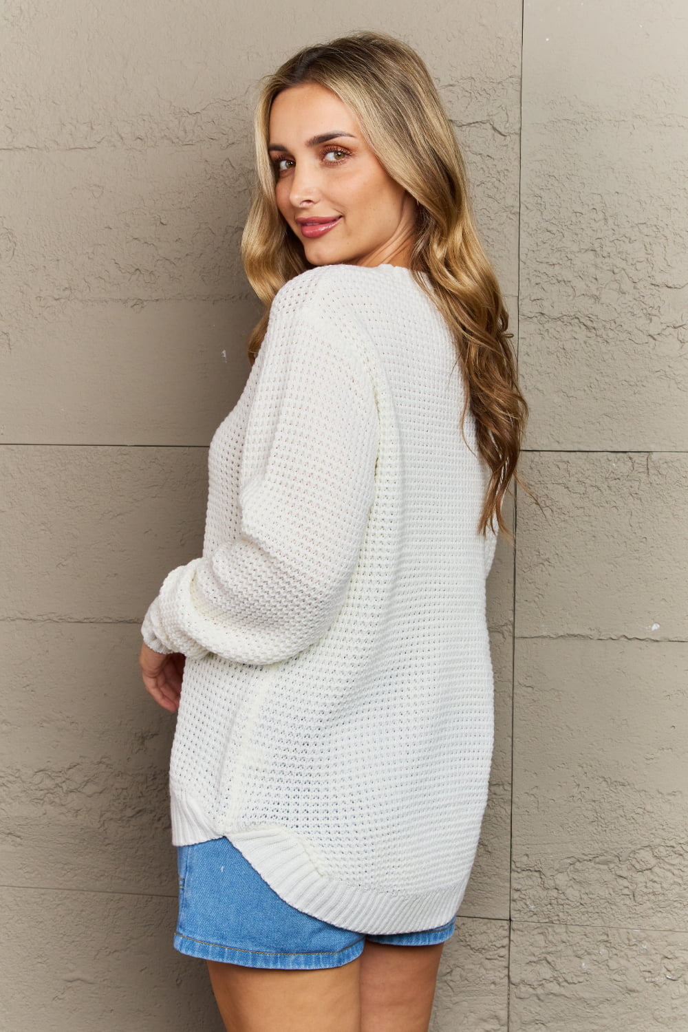 Cozy Season High Low Waffle Sweater Pullover in Ivory - Sweaters - Shirts & Tops - 2 - 2024