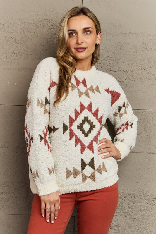 Cozy Sunday Aztec Fuzzy Sweater - White / S - Sweaters - Shirts & Tops - 1 - 2024