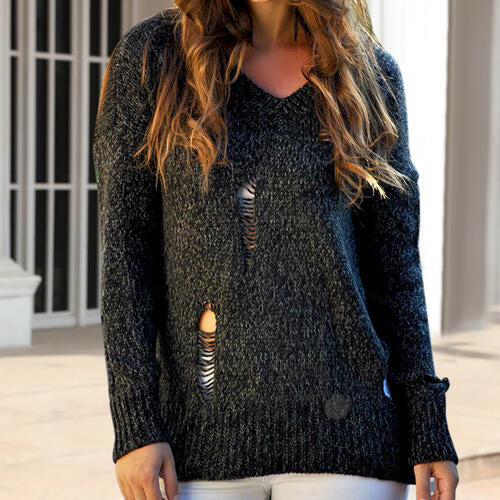 Distressed Dropped Shoulder Long Sleeve Sweater - Black / S - Sweaters - Shirts & Tops - 13 - 2024