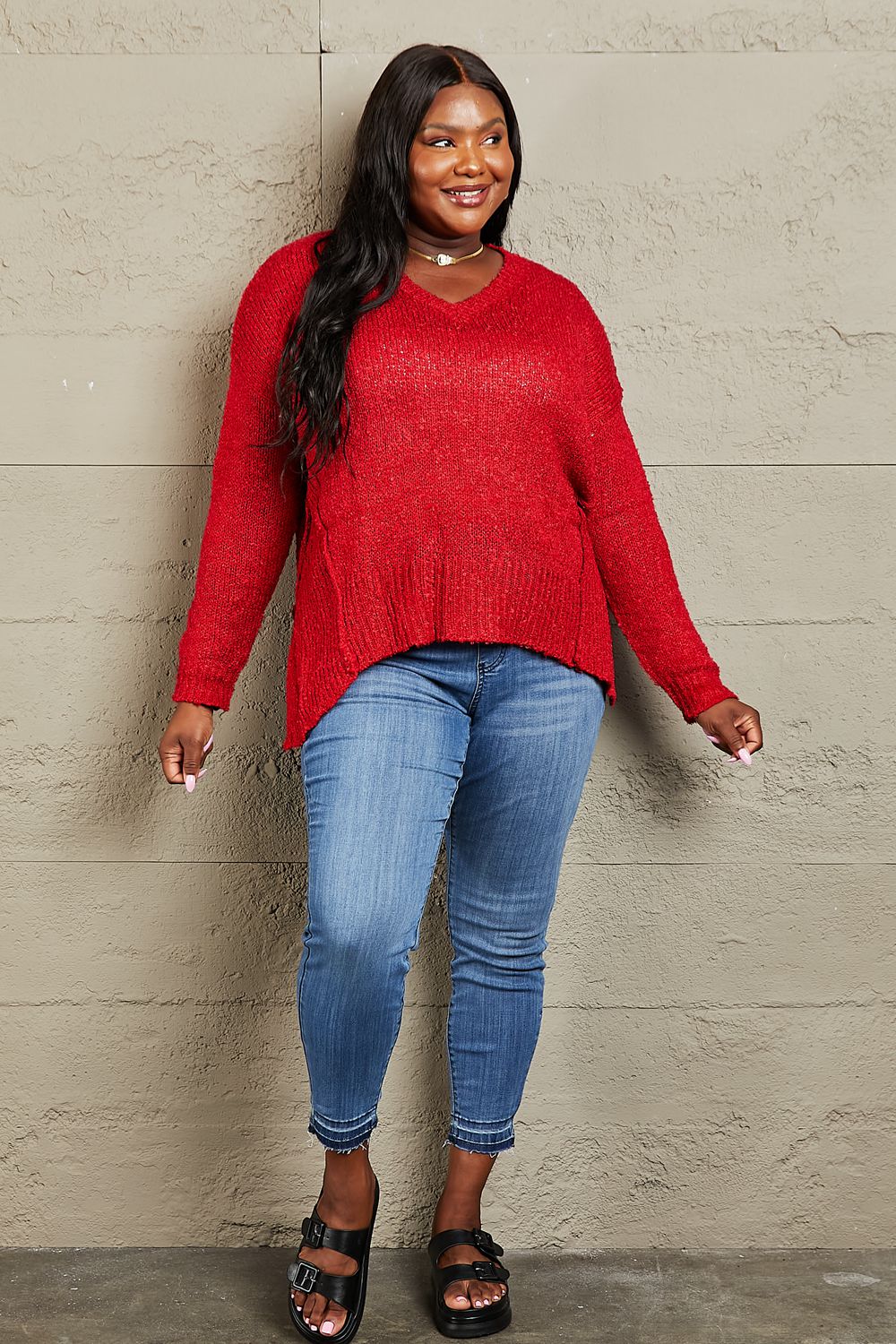 By The Fire Full Size Draped Detail Knit Sweater - Sweaters - Shirts & Tops - 5 - 2024