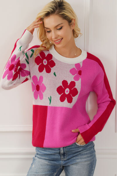 Floral Round Neck Dropped Shoulder Sweater - Sweaters - Shirts & Tops - 3 - 2024