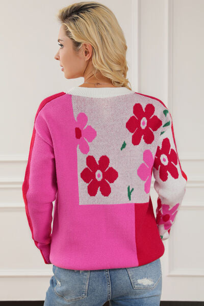 Floral Round Neck Dropped Shoulder Sweater - Sweaters - Shirts & Tops - 5 - 2024