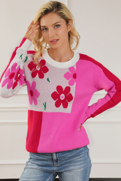 Floral Round Neck Dropped Shoulder Sweater - Sweaters - Shirts & Tops - 2 - 2024