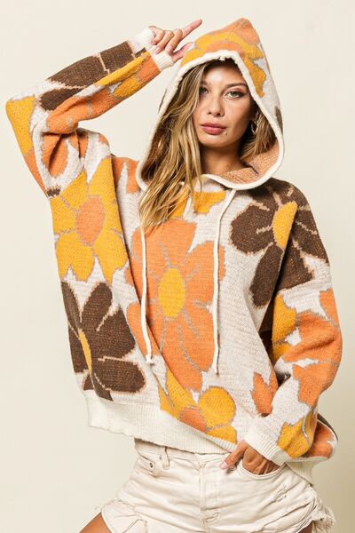 Flower Pattern Drawstring Hooded Sweater - Kawaii Stop - Adjustable Fit, BiBi, Cozy and Soft, Effortless Elegance, Fashionable Sweater, Feminine Touch, Made in USA, Ship from USA, Trendy Outfit, Unique Flower Pattern