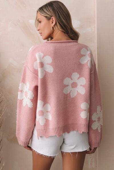 Flower Pattern Pearl Detail Rolled Slit Sweater - Sweaters - Shirts & Tops - 2 - 2024