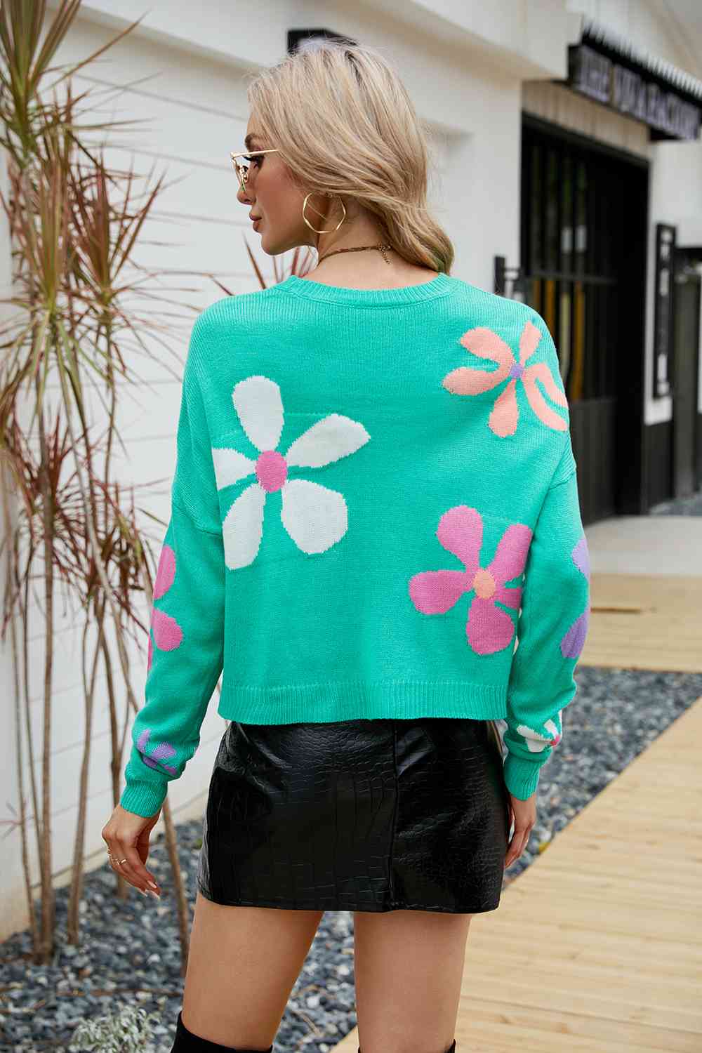 Flower Round Neck Drop Shoulder Sweater - Sweaters - Shirts & Tops - 2 - 2024