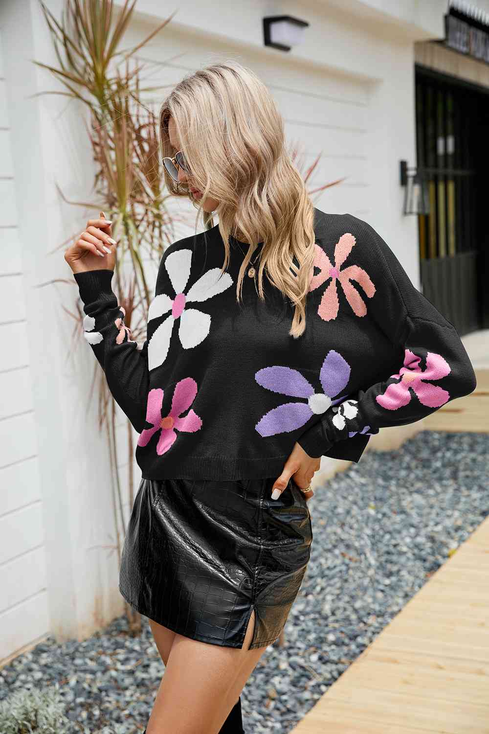 Flower Round Neck Drop Shoulder Sweater - Sweaters - Shirts & Tops - 6 - 2024