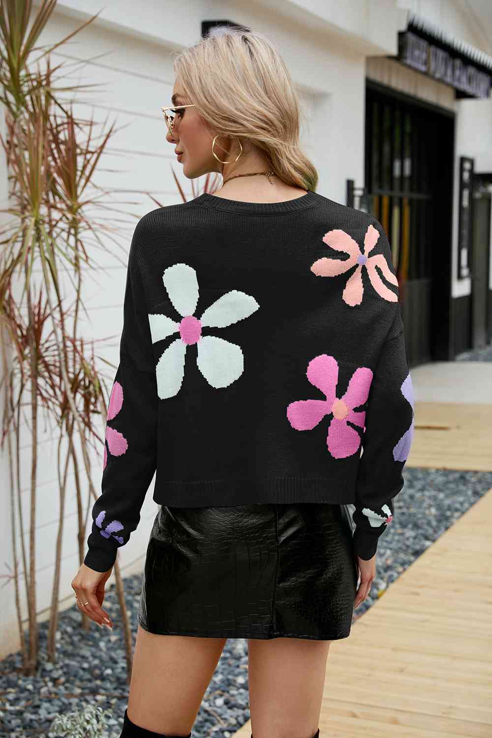 Flower Round Neck Drop Shoulder Sweater - Sweaters - Shirts & Tops - 7 - 2024