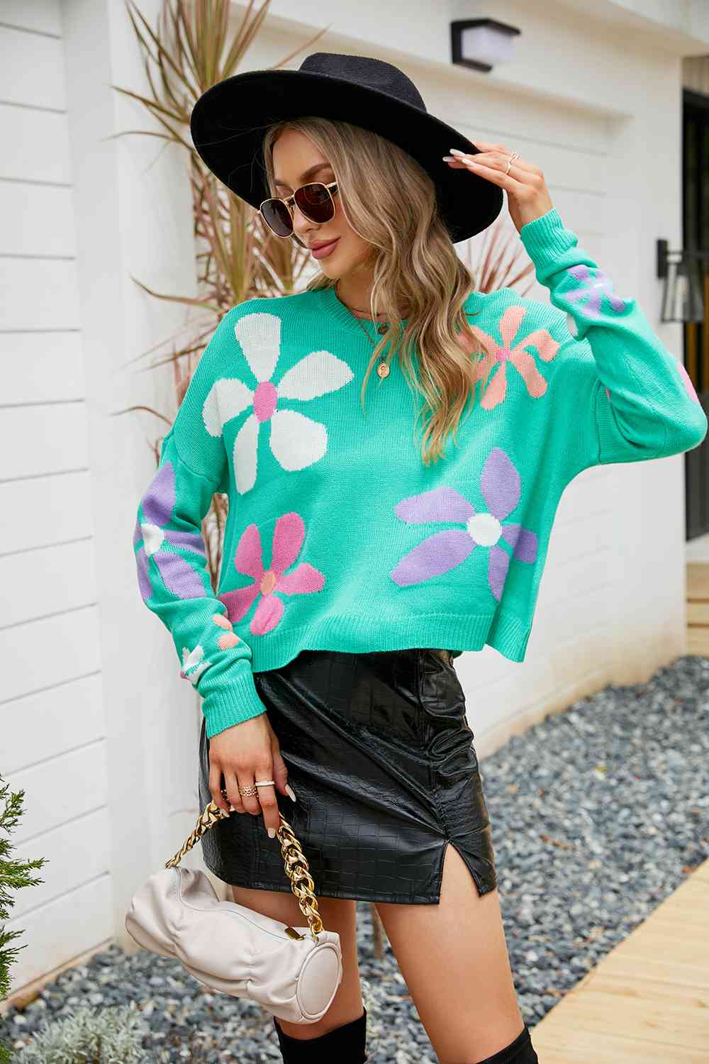 Flower Round Neck Drop Shoulder Sweater - Sweaters - Shirts & Tops - 3 - 2024