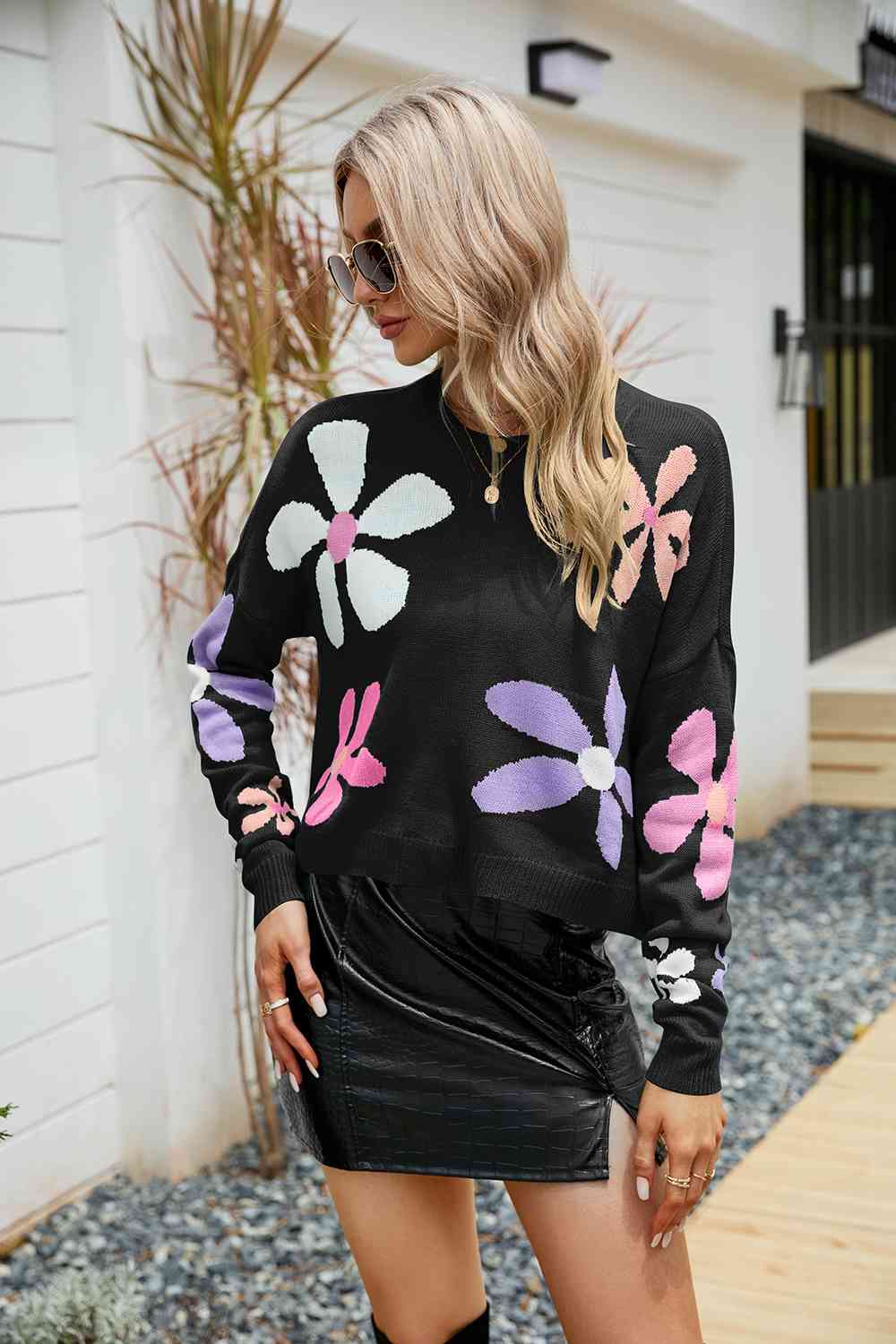 Flower Round Neck Drop Shoulder Sweater - Black / S - Sweaters - Shirts & Tops - 5 - 2024