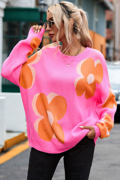 Flower Round Neck Dropped Shoulder Sweater - Pink / S - Sweaters - Shirts & Tops - 9 - 2024
