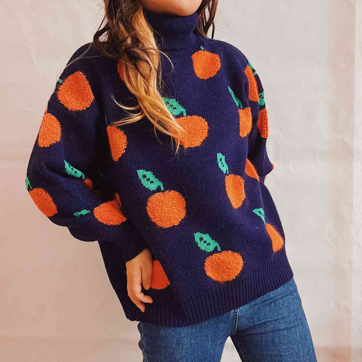 Fruit Pattern Turtleneck Dropped Sweater - Dark Blue / S - Sweaters - Shirts & Tops - 9 - 2024