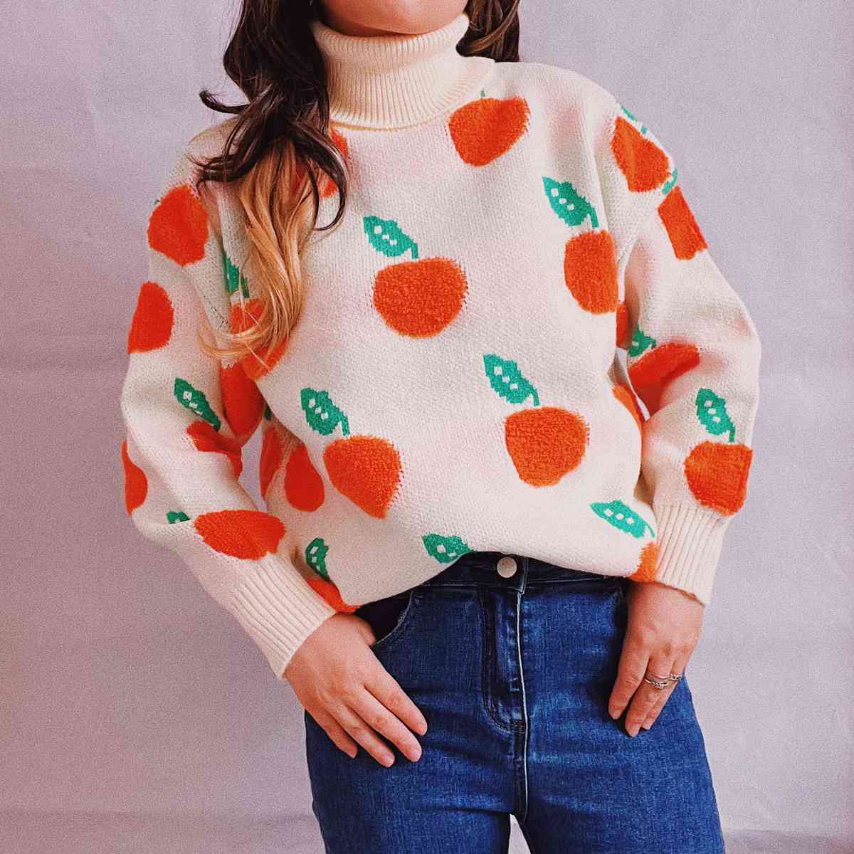 Fruit Pattern Turtleneck Dropped Sweater - White / S - Sweaters - Shirts & Tops - 1 - 2024