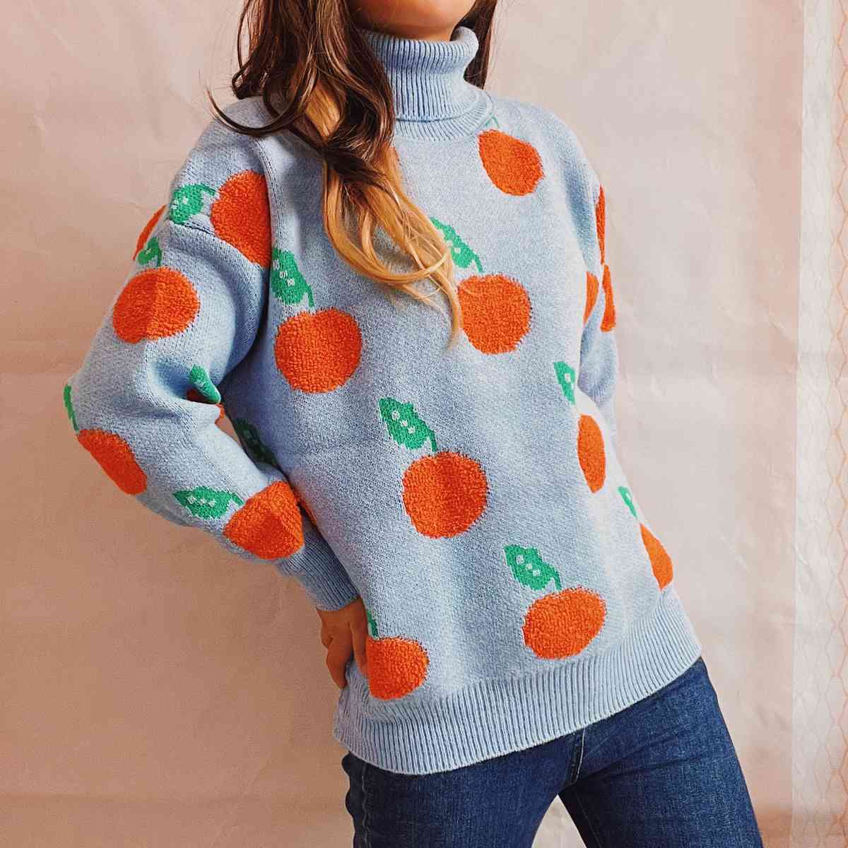 Fruit Pattern Turtleneck Dropped Sweater - Sweaters - Shirts & Tops - 7 - 2024
